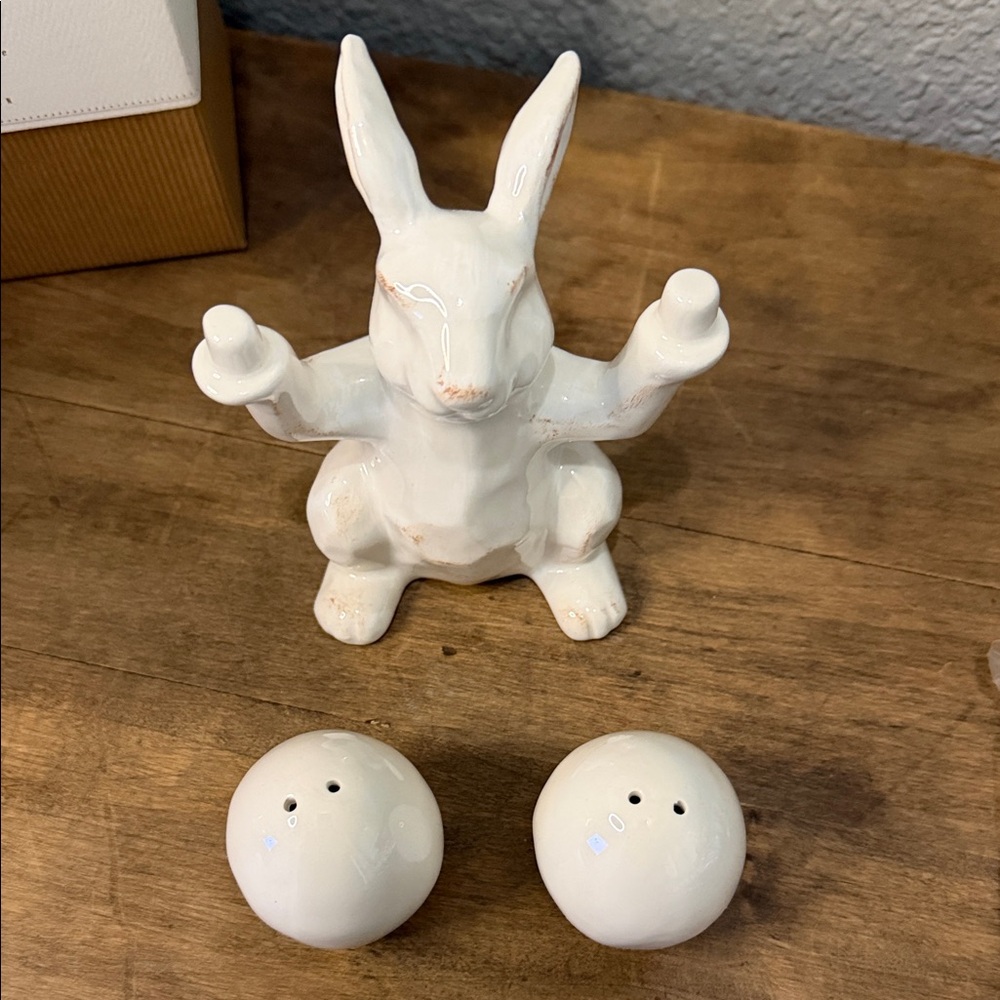 Pottery Barn  Glossy White Ceramic Bunny Salt and Pepper Set NEW - Picture 2 of 4